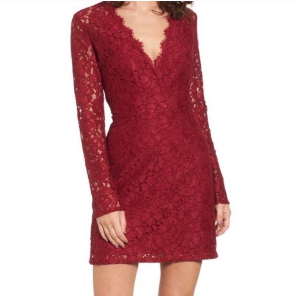 WAYF maroon burgundy lace long sleeve mini dress